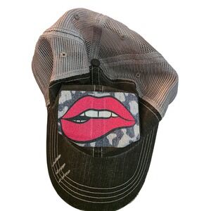 Womens Distressed Denim Trucker Hat Biting Lips Leopard Patch Grey Mesh Snapback